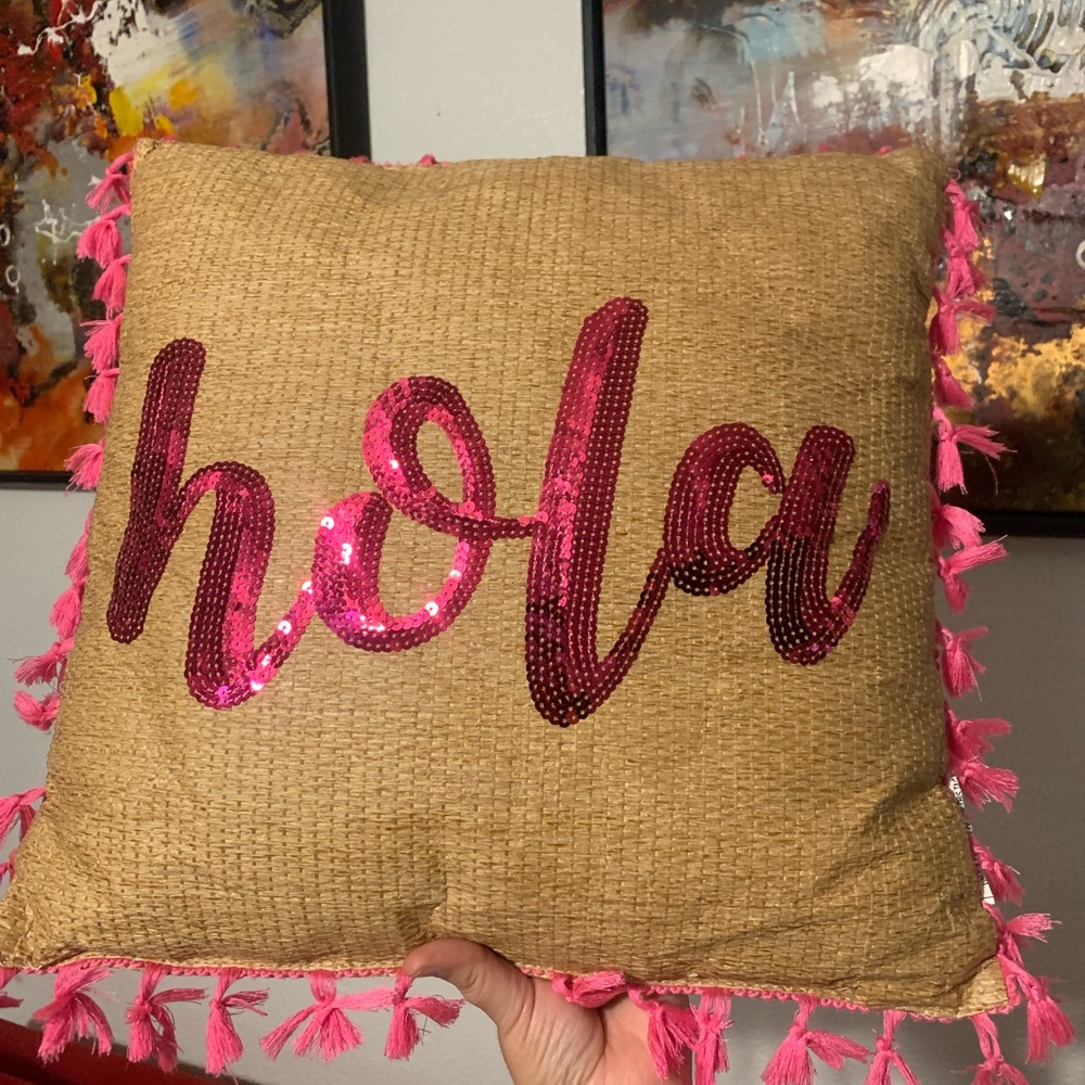 Pink and Tan Sequin 'Hola' Decorative Pillow
